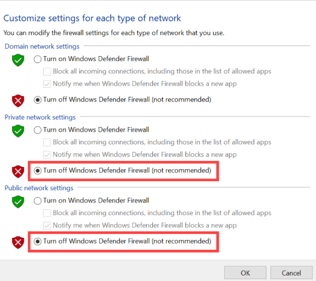 Disable Firewall from Private and Public network