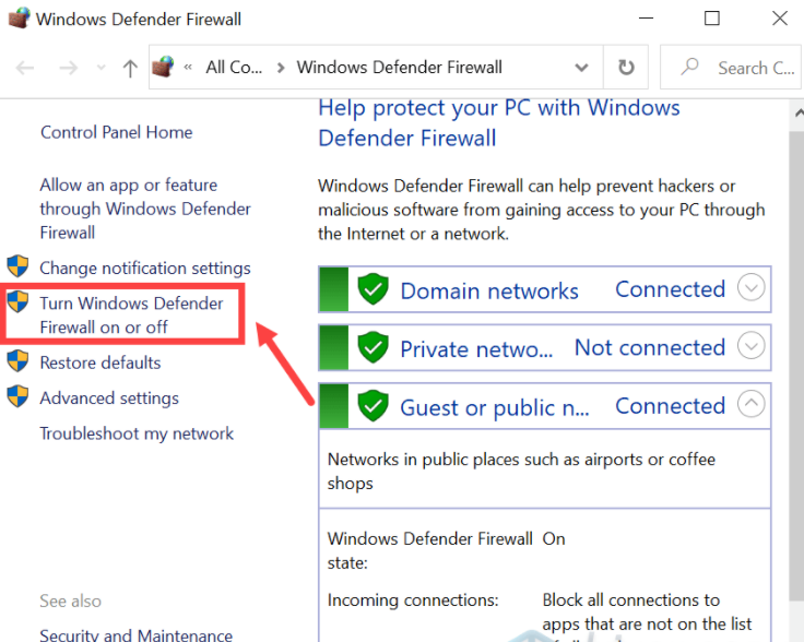 Choose 'Turn Windows Defender Firewall on or off